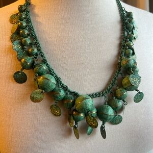 Bohemian Antique Brass Bell Turquoise and Gold Tone Necklace